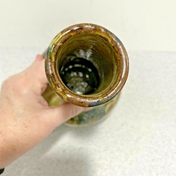 Vintage Mid Century Art Pottery Vase Drip Glaze Incised Brutalist Okinawa Japan - Picture 10 of 16